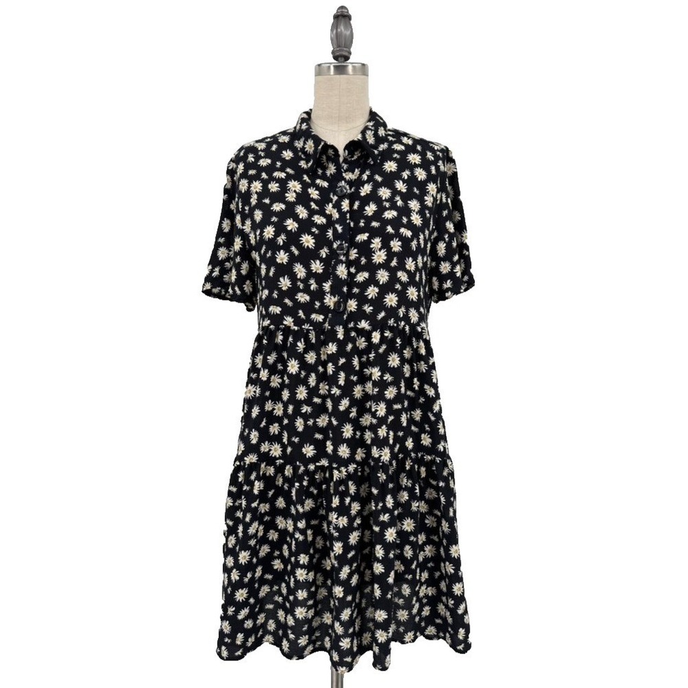 Zara Dress Black Daisy Print Mini Tiered S Whimsigoth Grunge 90's Dark‎ Coquette